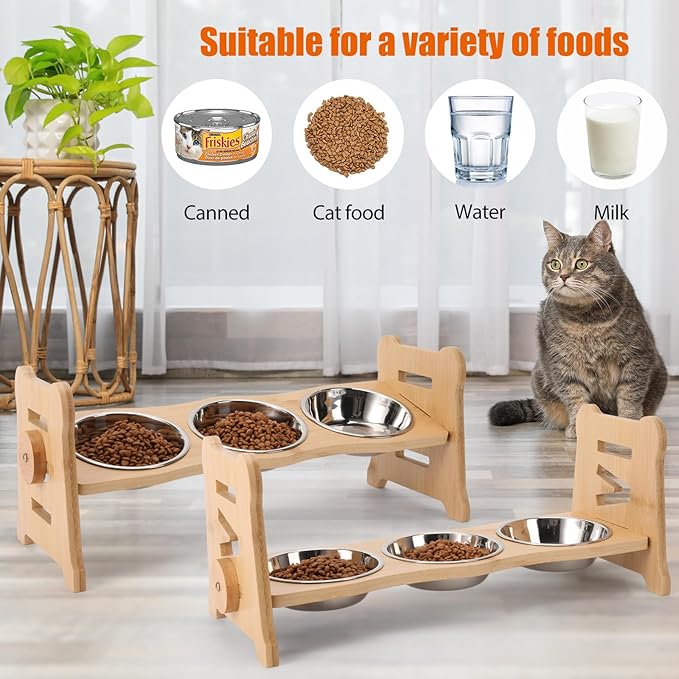 Elevated Cat Bowls15° Tilted Stainless Steel Elevated with Bamboo Stand - 3 Pots Raised Cat Bowls for Indoor Cats and Small for Indoor Cats with Anti-Overflow Design (Yellow)