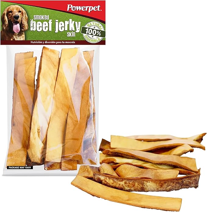 Powerpet Treats Natural Smoked Beef Jerky Skin for Dogs - High Protein, Grain-Free, Long-Lasting Chews, Ideal for All Breeds, Promotes Dental Health - Easy Digestion - 8oz Bag (Package May Vary)