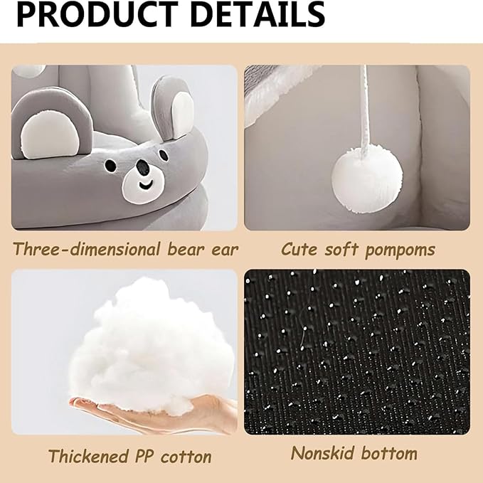 Cat Bed for Indoor Cats, Dog Bed with Anti-Slip Bottom, Rabbit-Shaped Cat/Small Dog Cave with Hanging Toy, Puppy Beds with Removable Cotton Pad, Super Soft Calming Pet Sofa Bed (Gray, Medium)