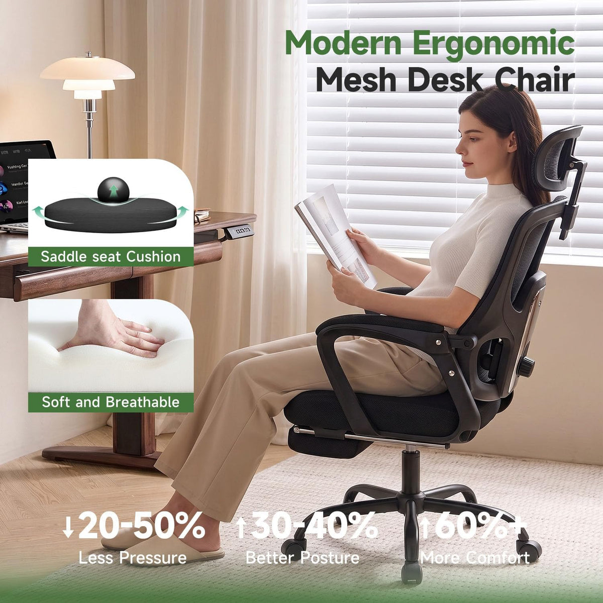 Ergonomic Office Chair with Footrest, 90-145° Reclining Desk Chair