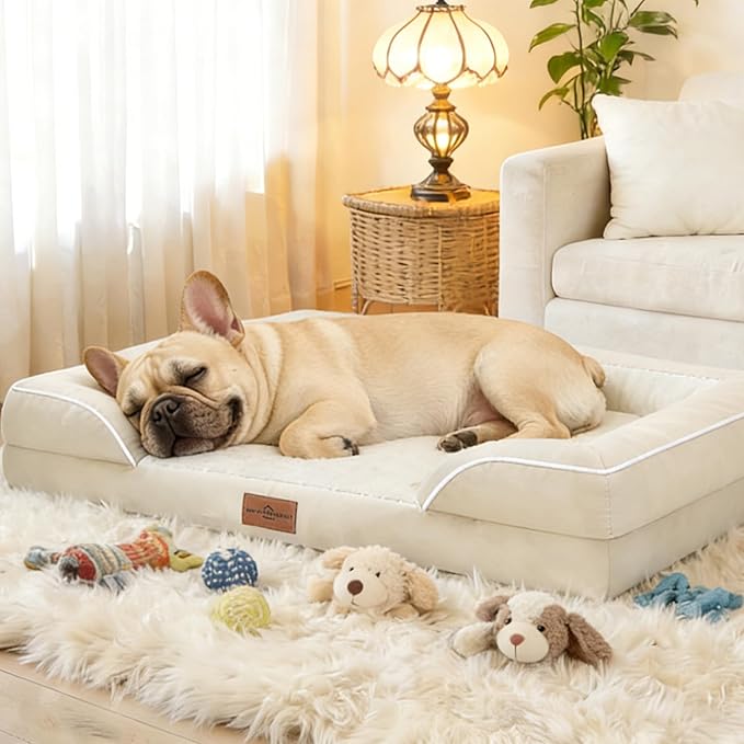 Comfort Expression Orthopedic Dog Bed for Medium Dogs 30x20 Inch, Waterproof Supportive Egg Crate Foam Medium Pet Bed with Removable Bolsters, Dog Couch with Washable Cover & Non-Slip Bottom, Beige