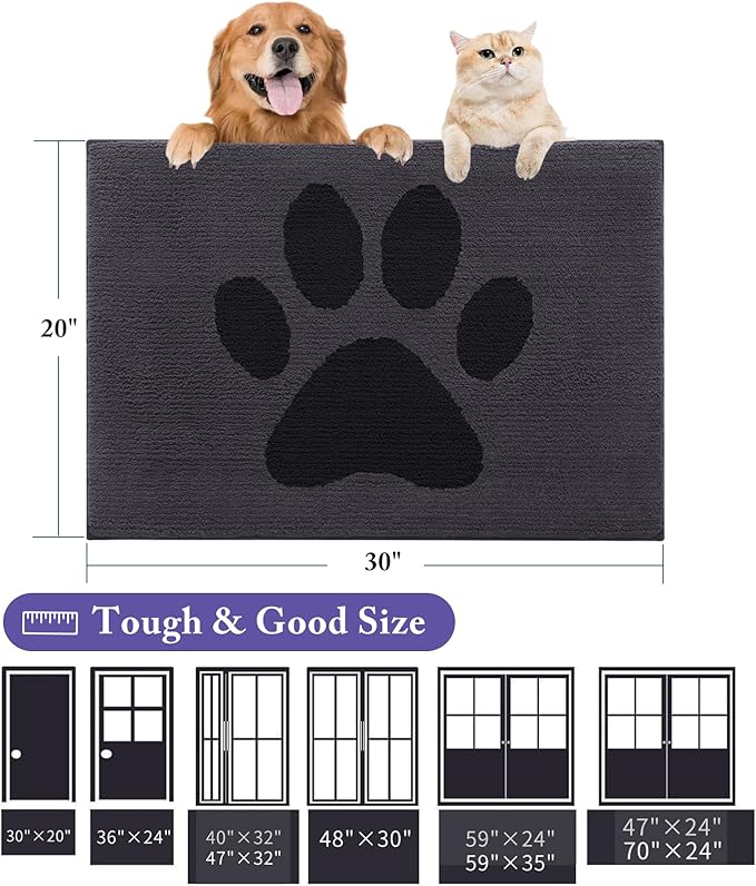 Buganda Dog Door Mat for Muddy Paws, Absorbent Dirt Trapper Non Slip Indoor Doormats, Washable Low-Profile Mat for Mud Dogs, Entryway Carpet for Inside Floor (47x32 Inches, Black)