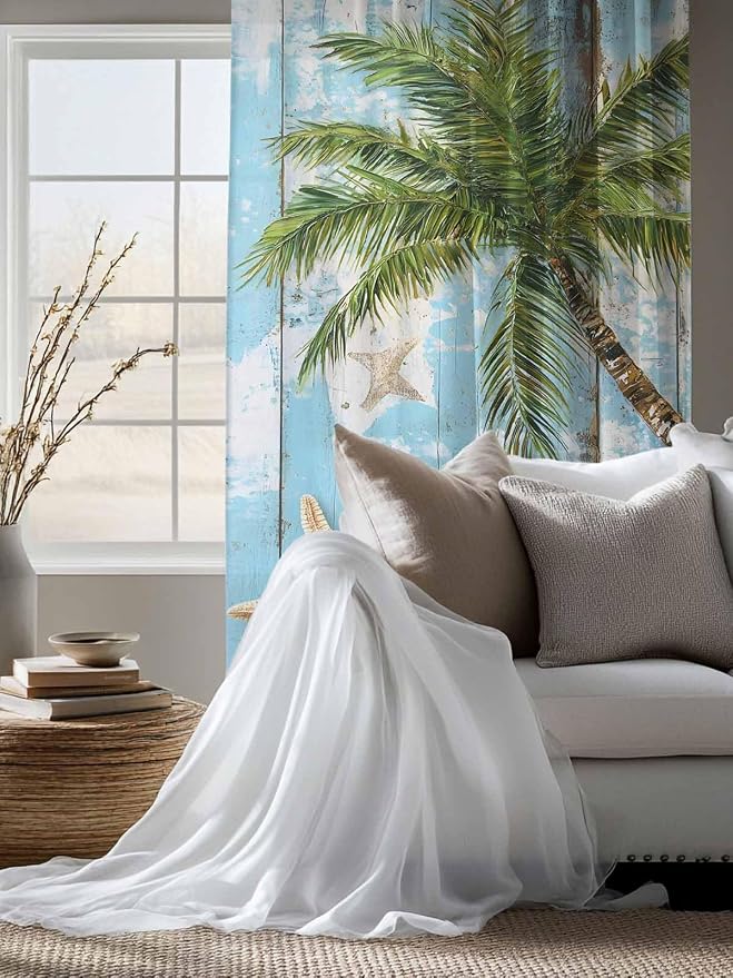Sheer Curtains 63 Inch Length, Coastal Beach Blue Semi Sheer Curtains Light