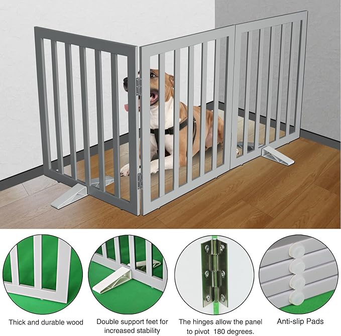 ZJSF Freestanding Indoor Dog Gate for House Foldable Wood Puppy Gate for Doorways Pet Gate for Stairs Extra Wide Pet Fence, Grey, 24" Height 3 Panels