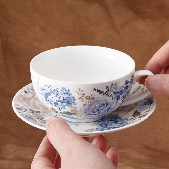 fanquare Blue and Purple Roses and Hydrangeas Porcelain Tea