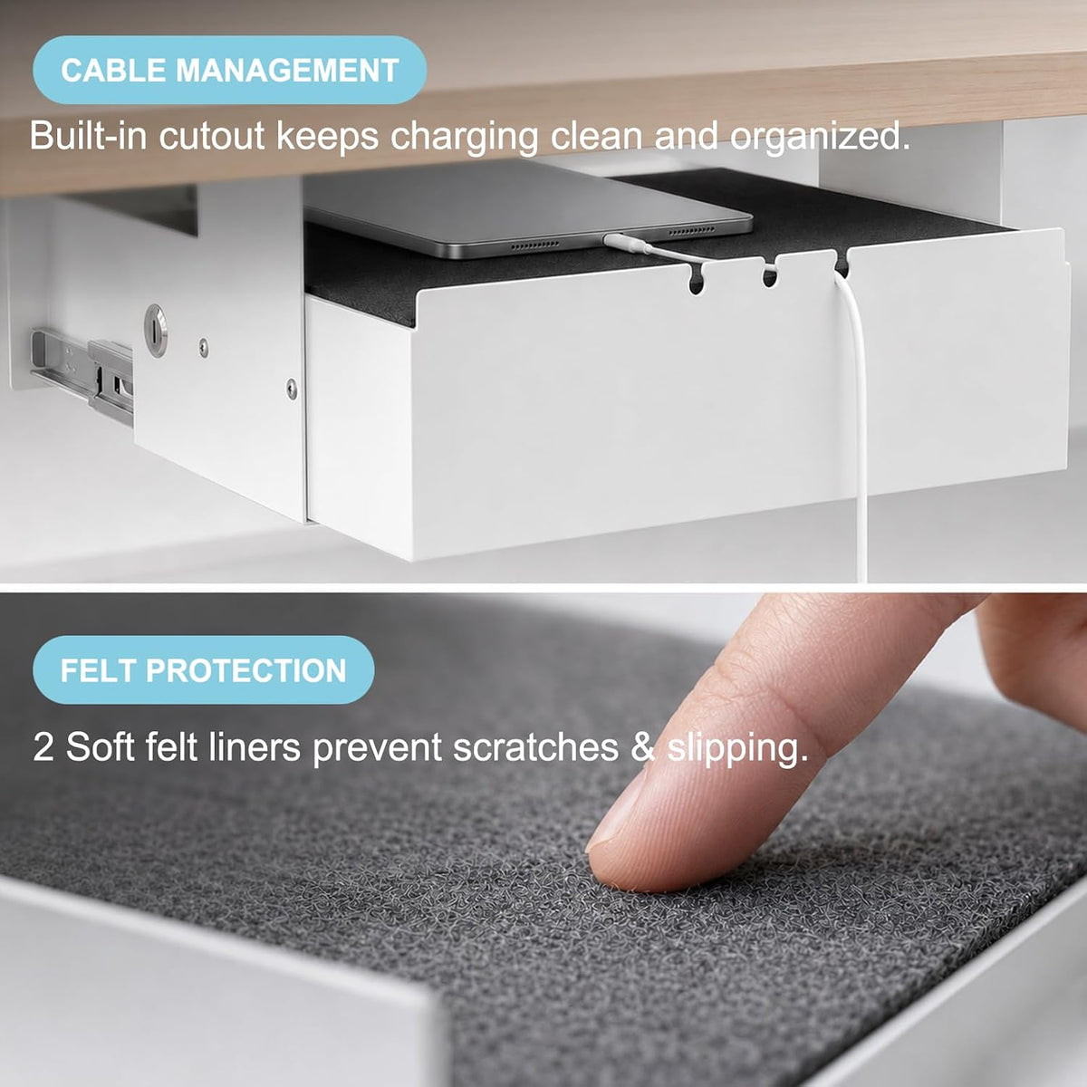 Under Desk Drawer with Lock, 13 Inch Slide-Out Metal Storage Drawer with Bracket, Drawer Organizer with Cable Management for Home Office & Standing Desk, White