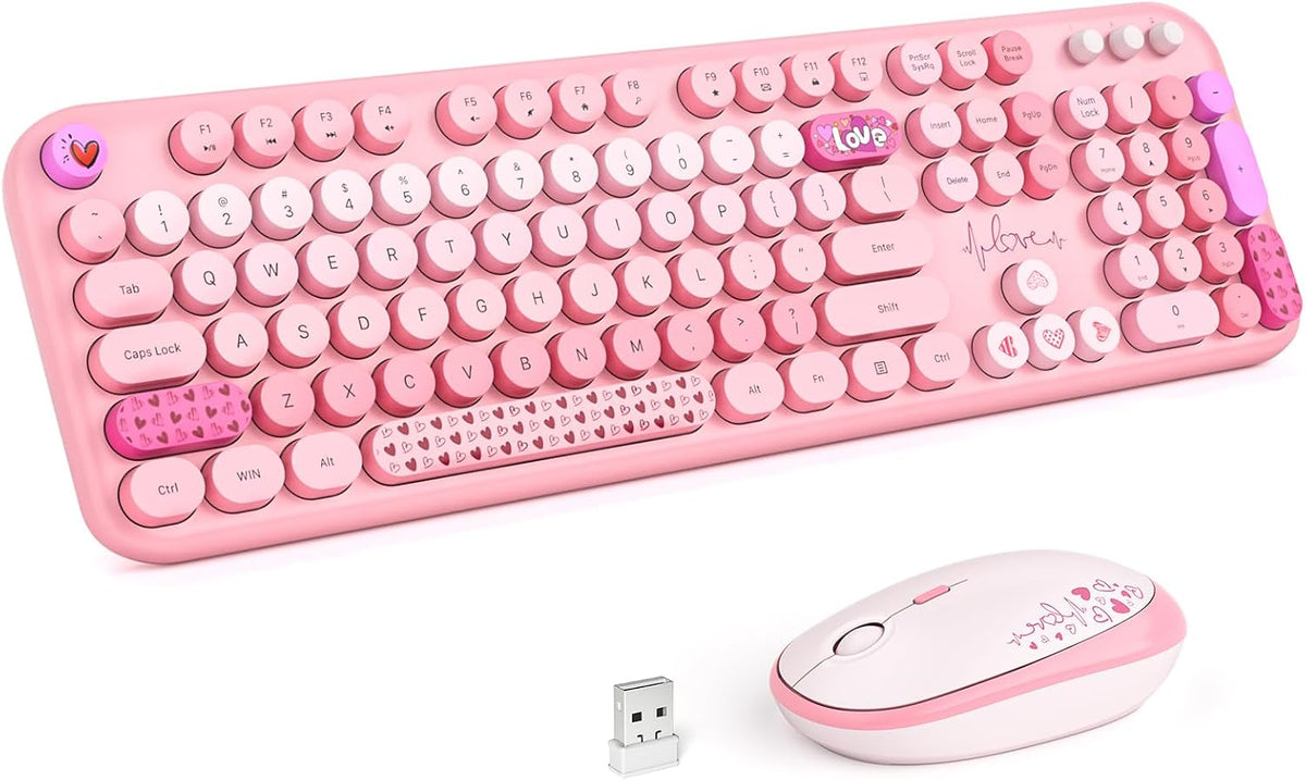 Wireless Keyboard and Mouse Combo, MOWUX Full Size Typewriter Retro Round Computer Keyboard, Cute Optical Mouse Wireless, Plug and Play, for Laptop, PC, Computer- Pink Heart