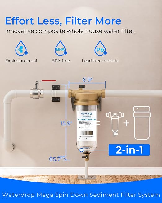 Waterdrop Mega Spin Down Sediment Filter, Reusable Whole House Water Filter