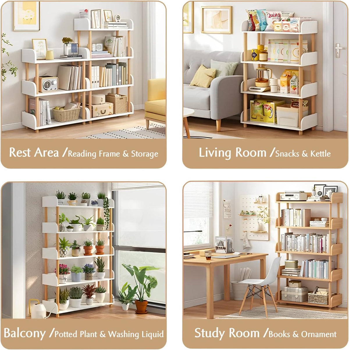 OSCHF 4-Tier Wooden Open Bookcase, Warm White
