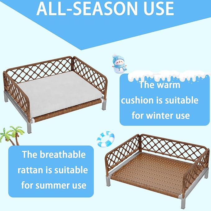 Dog Bed with Egg Crate Foam Support, Brown PE Wicker Orthopedic Pet Couch Bed with Washable Removable White Cushion, Outdoor Dog Sofa Bed for Medium, Small Dogs