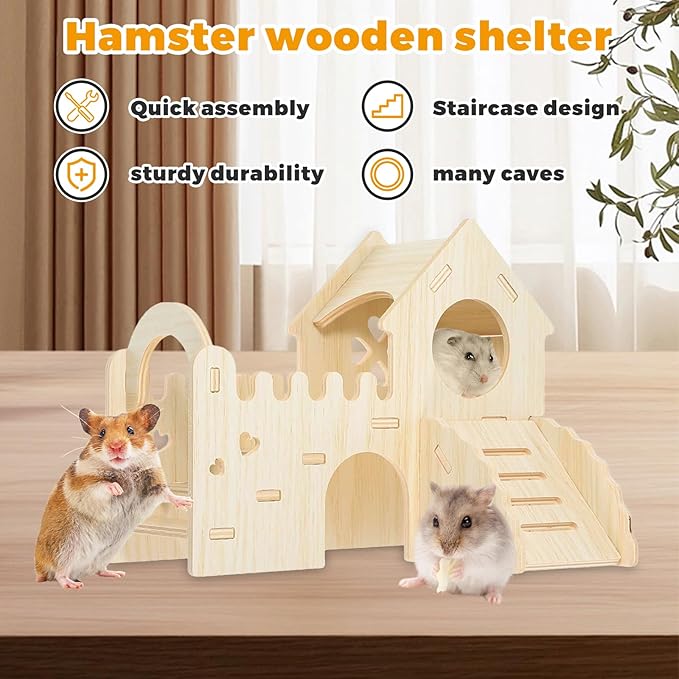 Wooden Dwarf Hamster House, Hamster Tiny House Hideout, Hamster Maze House, Large Balcony Lookout Holes, Easy to Assemble, Detachable Parts, Secure Hideaway, E