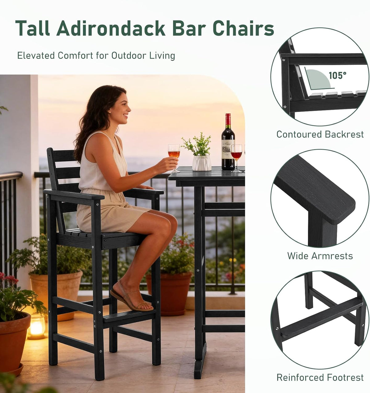 Furnimart 2-Piece Adirondack Bar Height Patio Set, Tall Outdoor Bar Chairs with Wide Seat & Footrest, All-Weather HDPE Bar Set for Balcony, Poolside, Backyard, Black