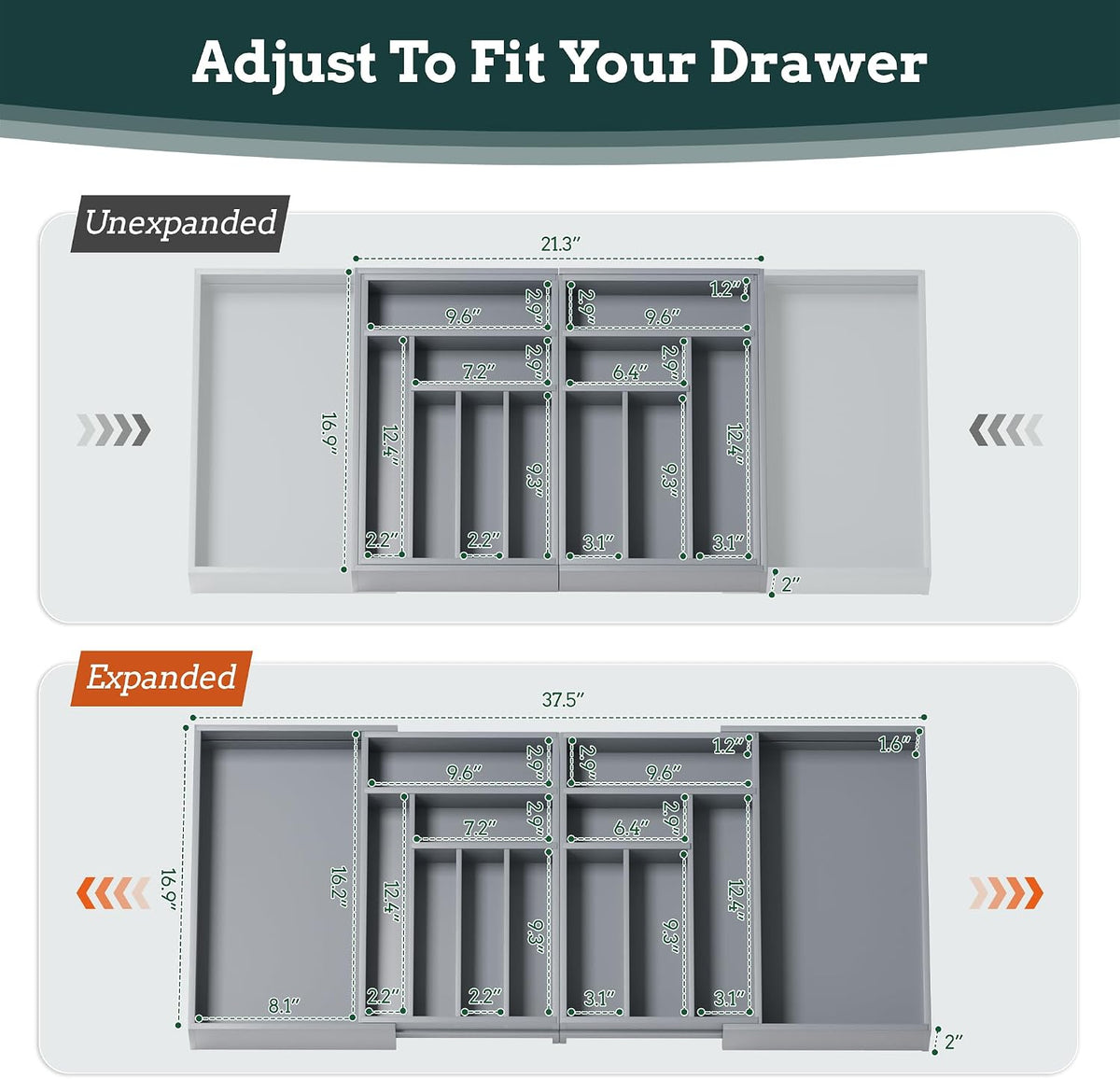 Magnetic Expandable Silverware Drawer Organizer, 13 Slots Utensil Gray