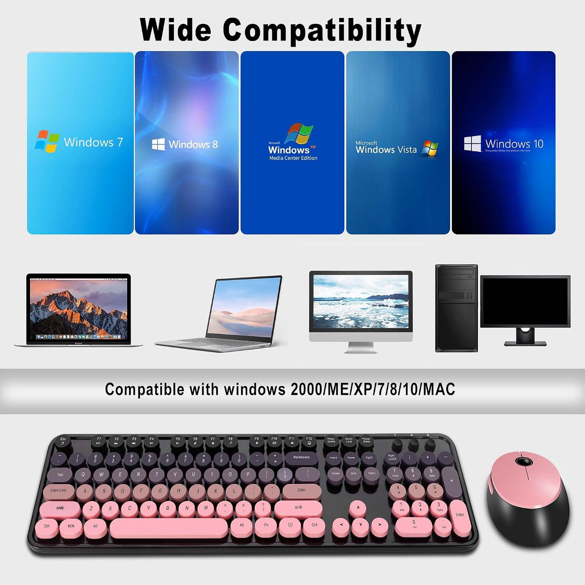 Kootop Cute Typewriter Wireless Keyboard and Mouse Combo Black and Pink