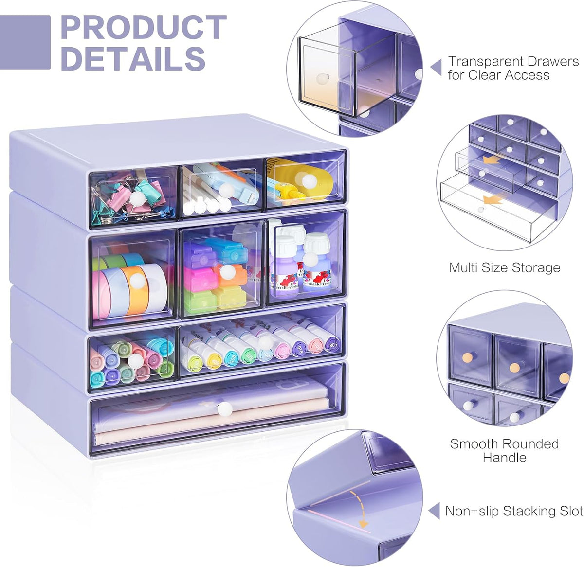 Desk Storage Organizer with 9 Drawers, 4 Tiers Stackable Desktop Craft Storage Drawers, Clear Storage Box Caddy for Stationary Makeup Jewelry Office Craft Supplies (Purple)