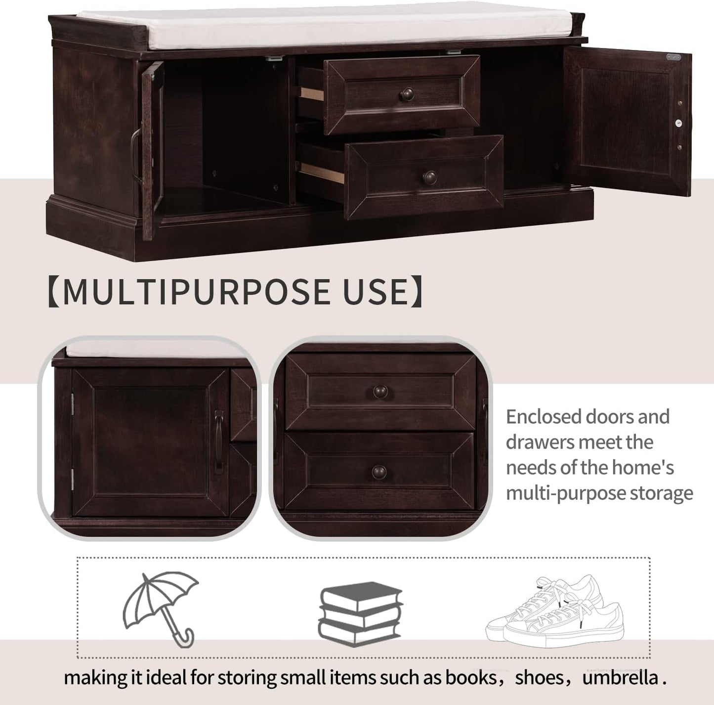 Storage Bench with 2 Drawers and 2 Cabinets, Pine Wood Pine Wood Shoe Bench with Removable Cushion for Living Room, Entryway 42.5" L x 15.9" W x 17.5" H (Espresso)