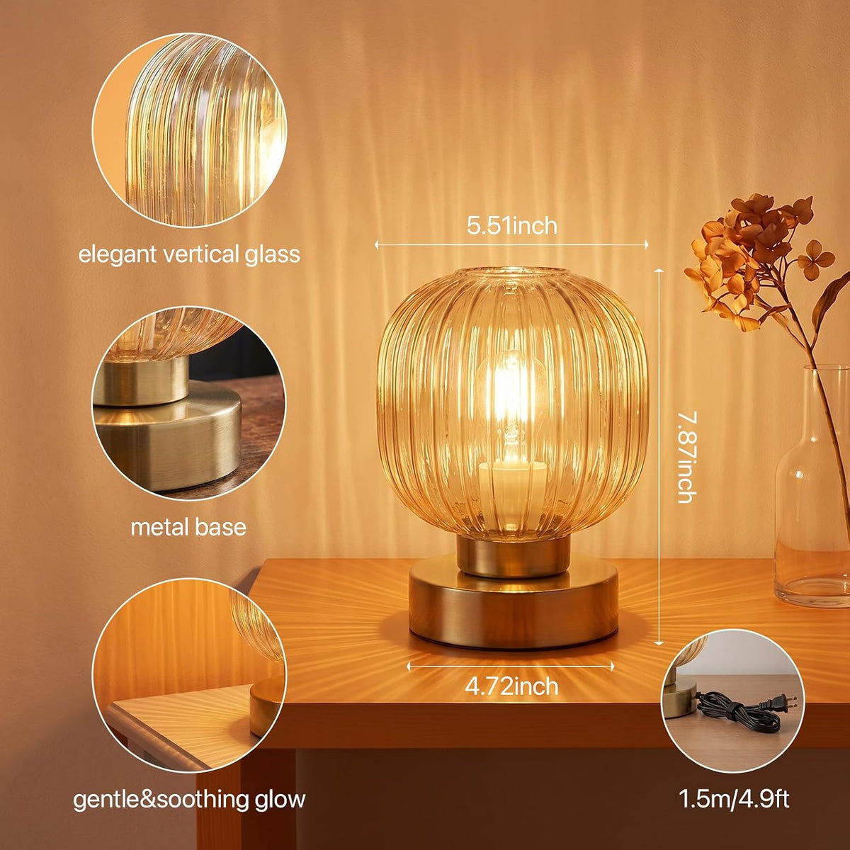 Elenhome Amber Touch Glass Table Lamp, 3-Way Dimmable Bedside Lamp, Vintage Mid-Century Modern Small Nightstand Lamp for Bedroom and Living Room, Ambient Mood Lighting, LED Bulb Included