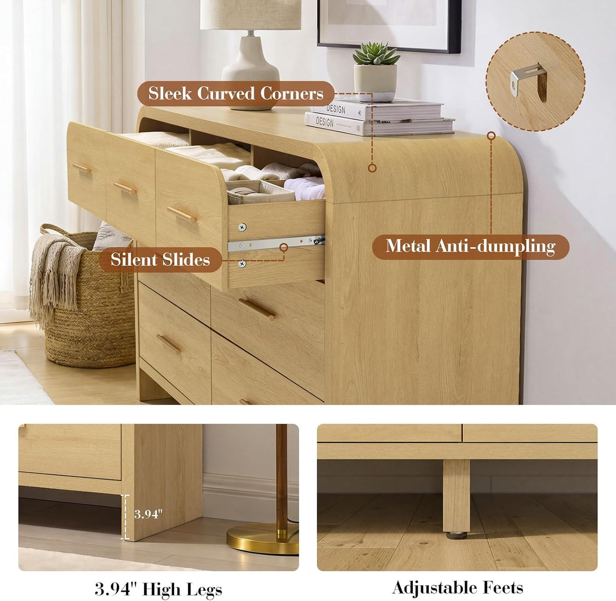 Curved Drawer Dresser for Bedroom with 7 Drawers, 54'' Wide Chest of Drawer