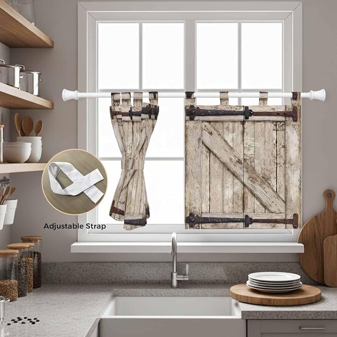 Farmhouse Wood Grain Kitchen Curtains 36 Inch Length, Small Window Curtains Tab