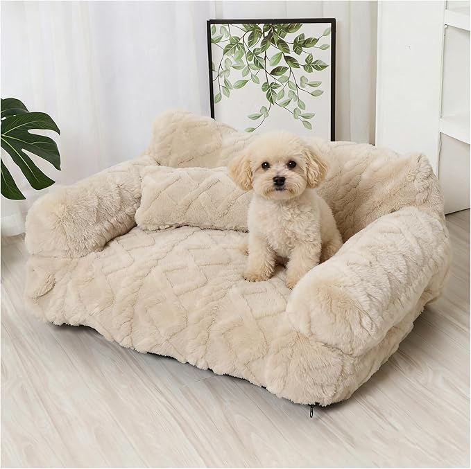 Plush Calming Pet Sofa Bed, Raised Rim, Removable Cover & Non-Slip Bottom for Cats & Dogs, Calming Dog Bed Fluffy Plush Dog Mat for Furniture Protector with Removable Washable Cover (Beige, Large)