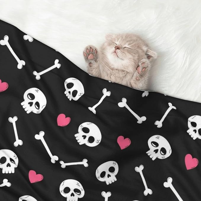 Double Sided Plush Pet Blanket with Cozy Dot Texture and Smooth Reverse, Cartoon Skulls with Hearts On Black, Reversible Throw for Dogs Cats on Couches Beds Crates