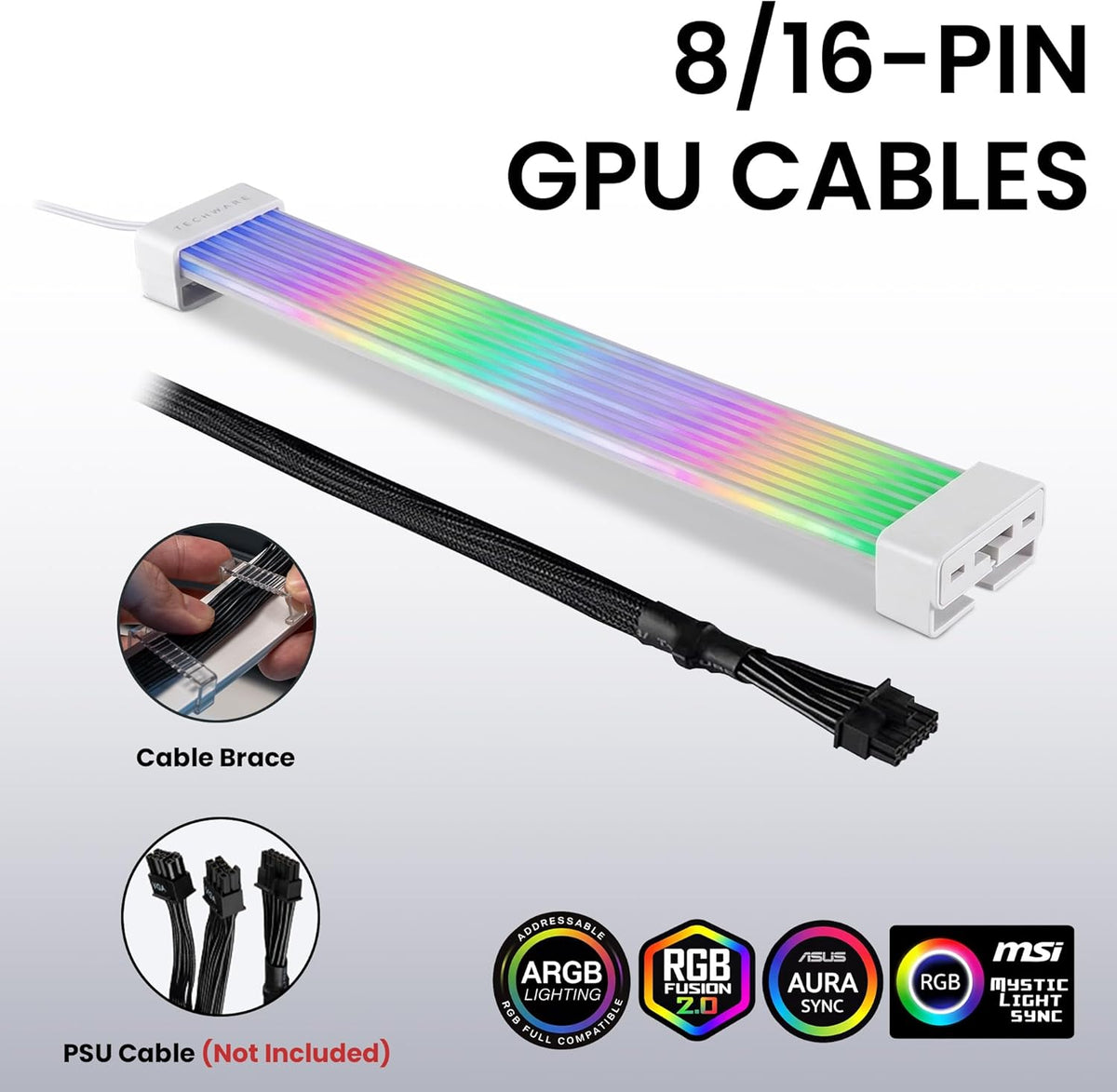 TECWARE Flex RGB Cable Cover Kit | Compatible with 24-Pin Motherboard and 8-Pin/16-Pin GPU | ARGB PSU Cable Extension with 5V 3-Pin Sync | RGB Lighting Kit for PC Cables | White