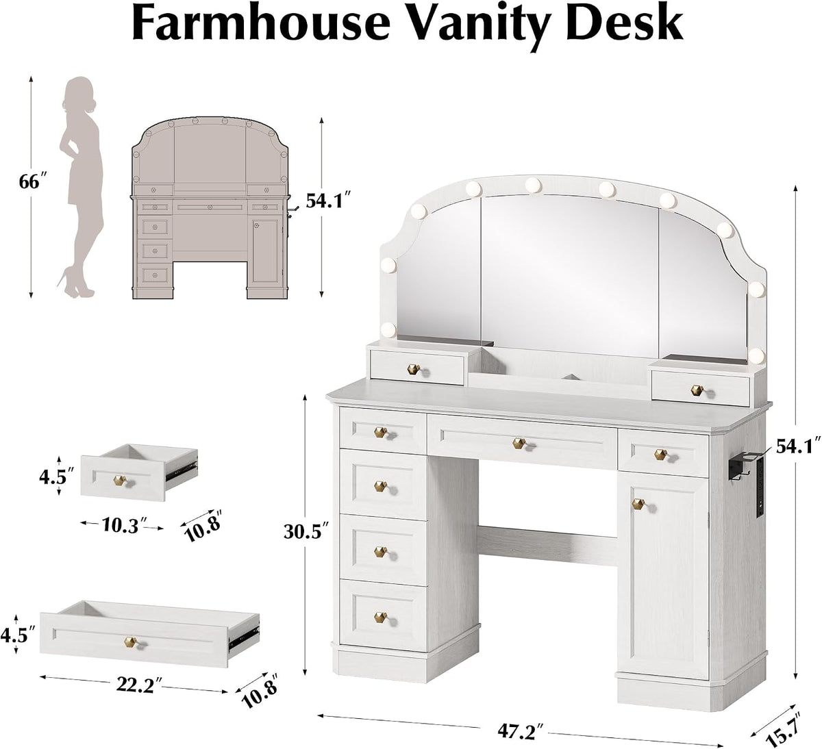 Farmhouse Makeup Vanity Desk with Mirror and Lights, 47'' Vanity Table with 8 Storage Drawers 1 Cabinet & 2 Organizer Trays, Big Dressing Table with Charging for Bedroom Classic White