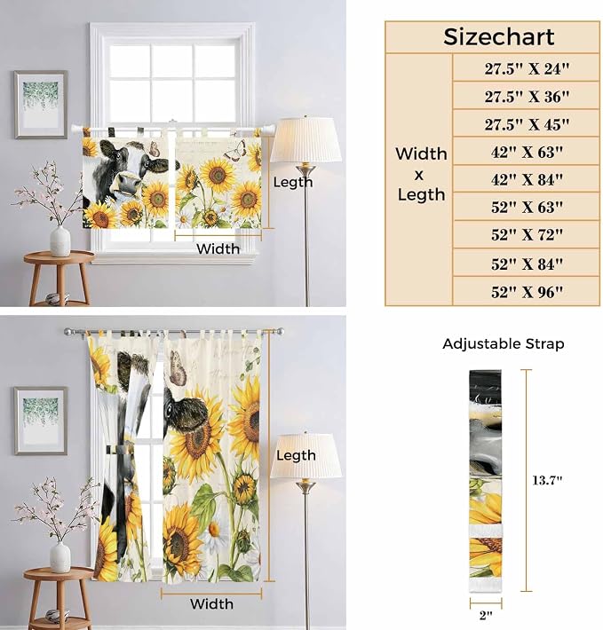 Yellow Sunflowers Bathroom Curtains 63 Inch Length, Window Curtains Tab Top