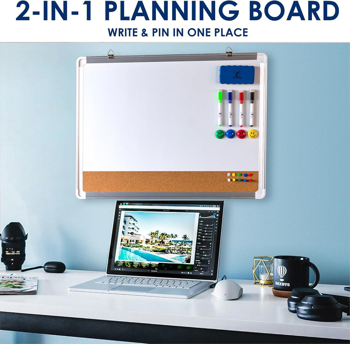 White Board with Cork Board 24x18 in, Combo Dry Erase Board for Wall