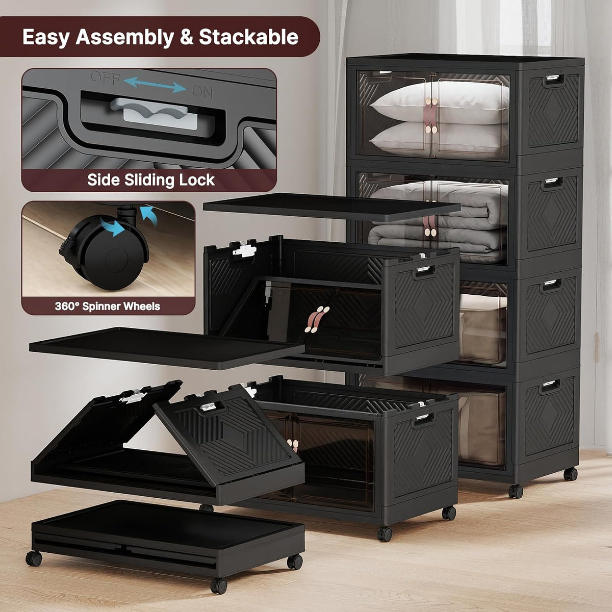 UAMFURI Stackable Storage Bins, 480QT Collapsible Drawers with 1 Lid
