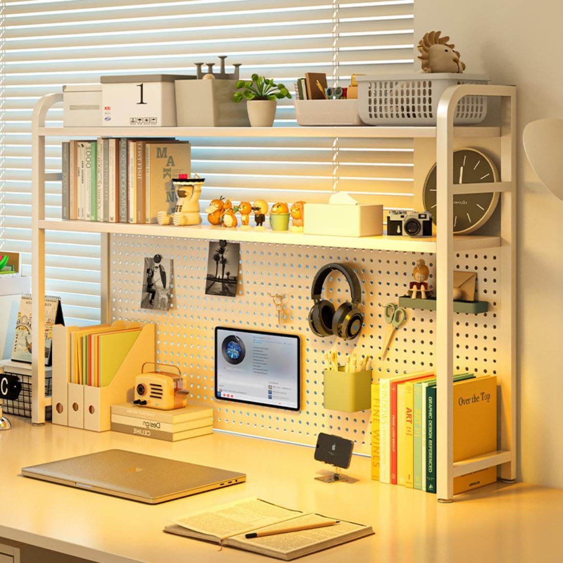 2 Tiers Freestanding Desk Bookshelf, 38 Inch Desktop Bookcase Display Shelf Rack Modern Desk Shelf Organizer Desk Storage Organizer White for Living Room Bedroom Study Office School