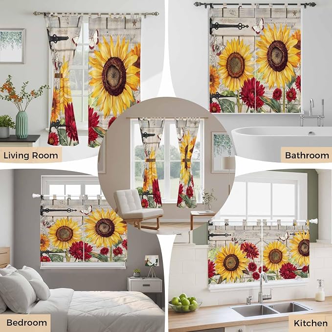 Red Yellow Sunflowers Kitchen Curtains 45 Inch Length, Short Cafe Window