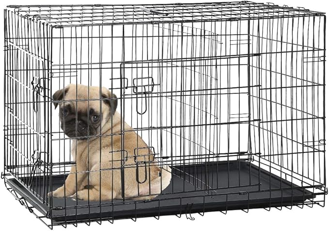 Dog Crate for Large Medium Small Dogs, Folding Dog Kennel Cage with Plastic Tray & Divider 48"/42"/ 36"/ 30"/ 24" Indoor Outdoor Metal Double Door Heavy Duty Dog Pen Enclosure, Black(24 Inch)
