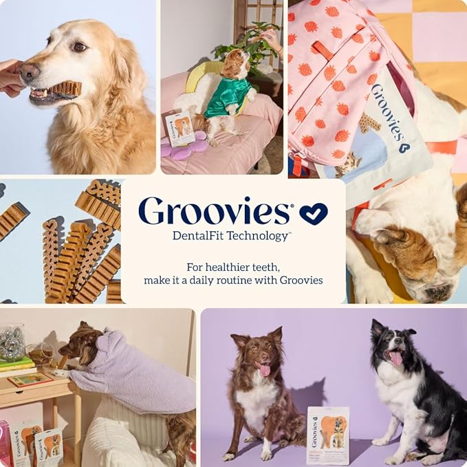 Groovies Flexible Dog Dental Chews with Patented DentalFit Technology to Help Support Tartar Control & Fresh Breath, Small Dog Chews for 5-15 lb Dogs, USA Manufactured Oral Care, 96 Chews