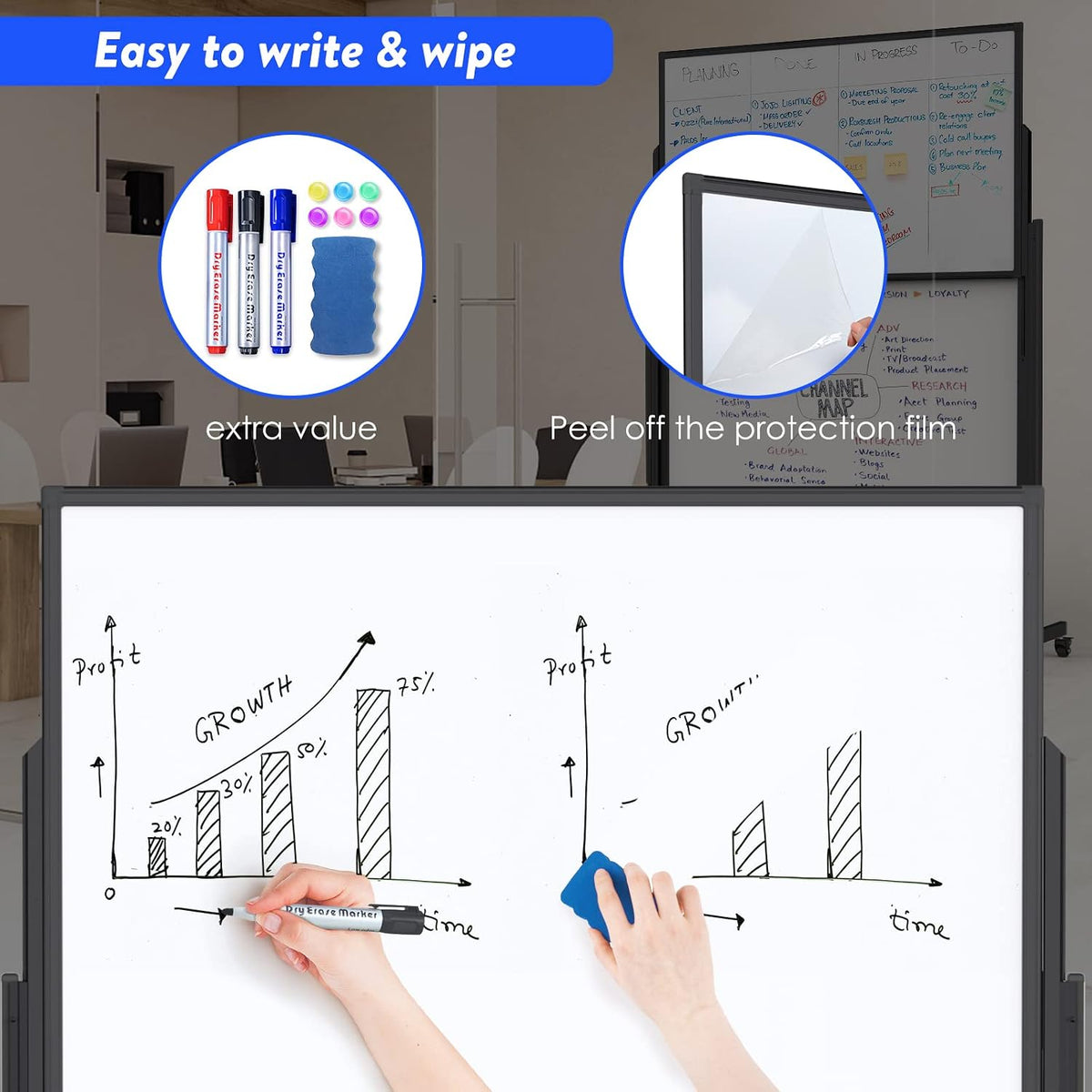 Maxtek Double-Sided Rolling White Board on Wheels 48x60, Height Adjustable