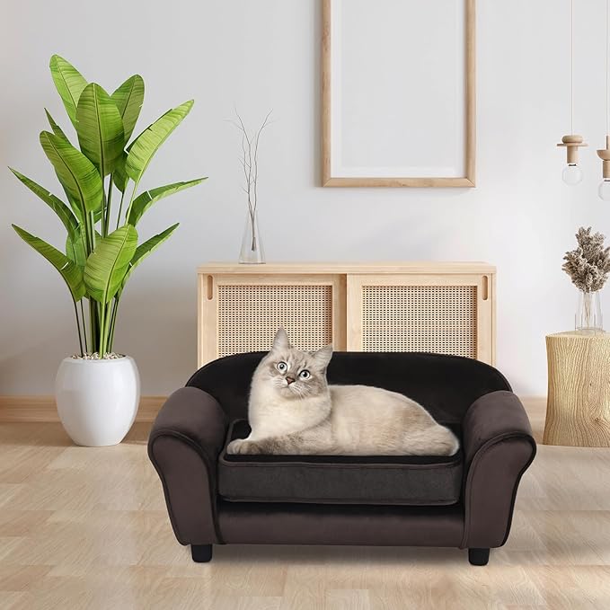 Getifun Small Dog Sofa Bed, Velvet Cat Couch with Washable Cushion & Plastic Legs (29 x 16 x 12.7 inches (Brown)