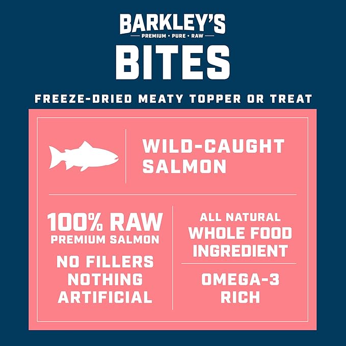 Barkley’s Bag Salmon Bites, Freeze Dried Dog Treats and Food Topper, Made with Wild-Caught Salmon, Bite-Sized Whole Pieces for Training Rewards, for All Dog Breeds, Ages & Sizes, 4 Oz Bag (3 Pack)
