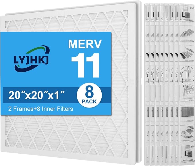 20x20x1 MERV 11 Air Filter, Quality AC/HVAC Furnace Filter，2 Reusable ABS Frame