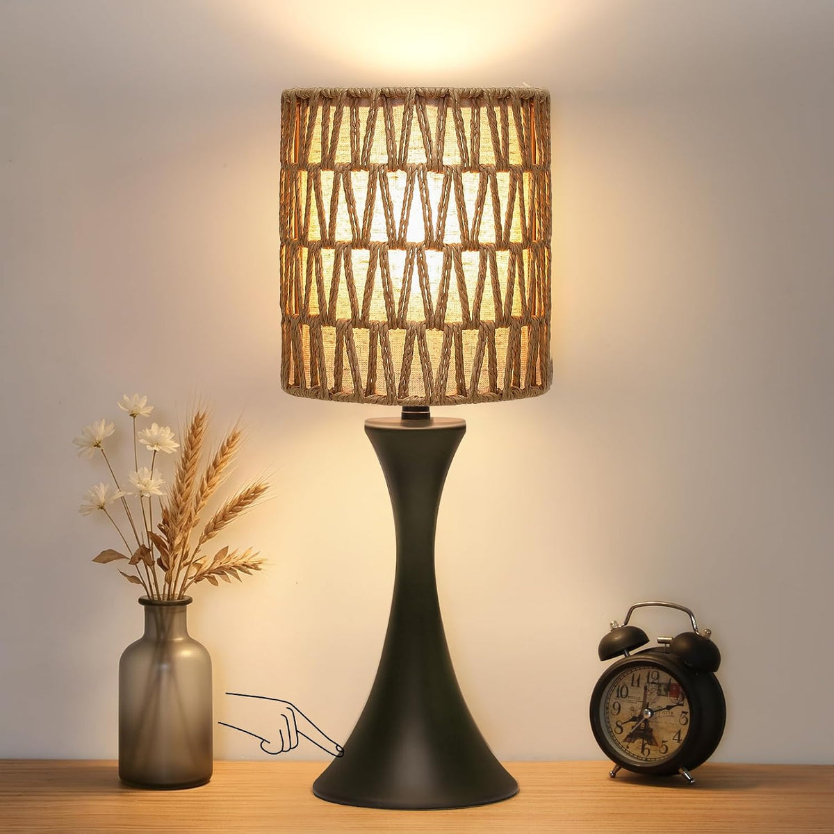 Rattan Table Lamp, 3 Way Touch Control Bedside Lamp with Dual-Layer Shade