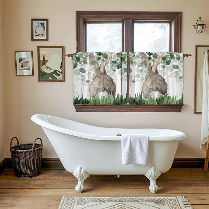 Easter Tier Curtains, Country Rabbit Botanical Leaves Wooden Grain Light