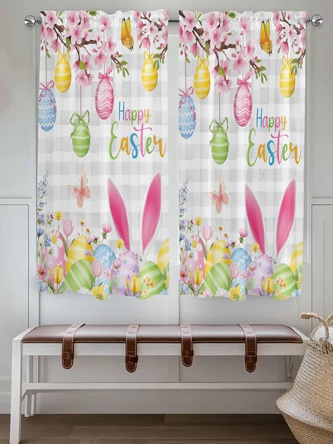 Happy Easter Bedroom Curtains 63 Inches length, Spring Watercolor Bunny Eggs