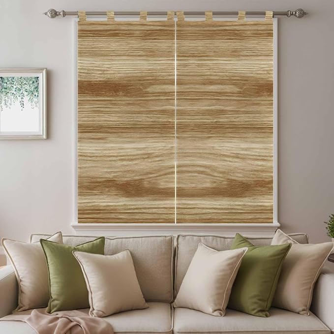 Light Brown Wood Grain Bathroom Curtains 63 Inch Length, Window Curtains Tab Top