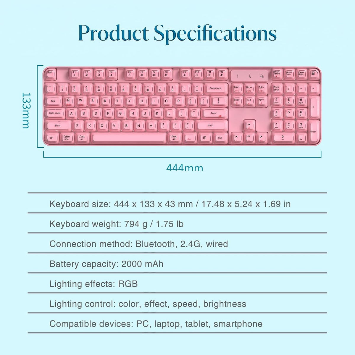 Lomiluskr RGB Arc Wireless Keyboard, BT/2.4G/Wired Tri-Mode, Full Size Crystal Texture Translucent Jelly Keycaps, 2000mAh Rechargeable, Compatible with PC/Notebook/Tablet/Smartphone (Pink)