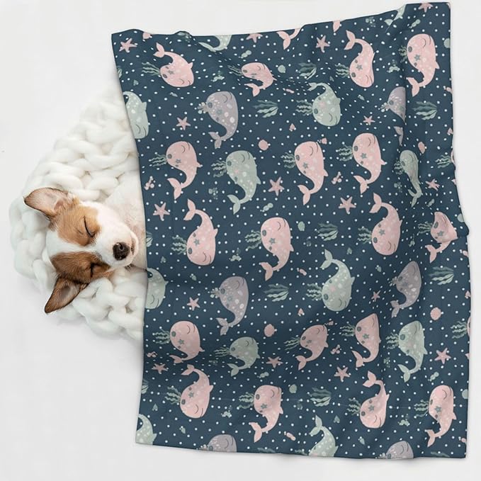 Reversible Dog Blanket for Beds Couches, Cute Whales Mandala Blue, Double Sided Cat Blanket with Textured Dot Feel and Smooth Feel for Seasonal Comfort All Year