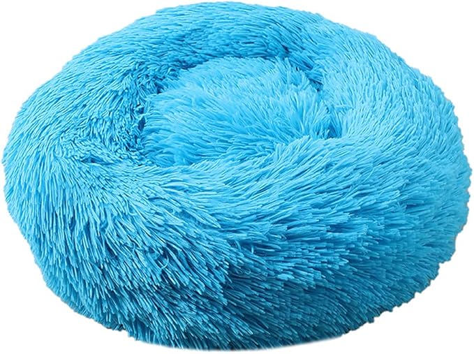 Calming Faux Fur Dog Beds Calming Donut Cuddler Dog Bed Washable Round Cat Bed Pillow Cuddler Fluffy Indoor Dog Calming Beds with Anti Slip Bottom Solid Color Blue 43 Inch