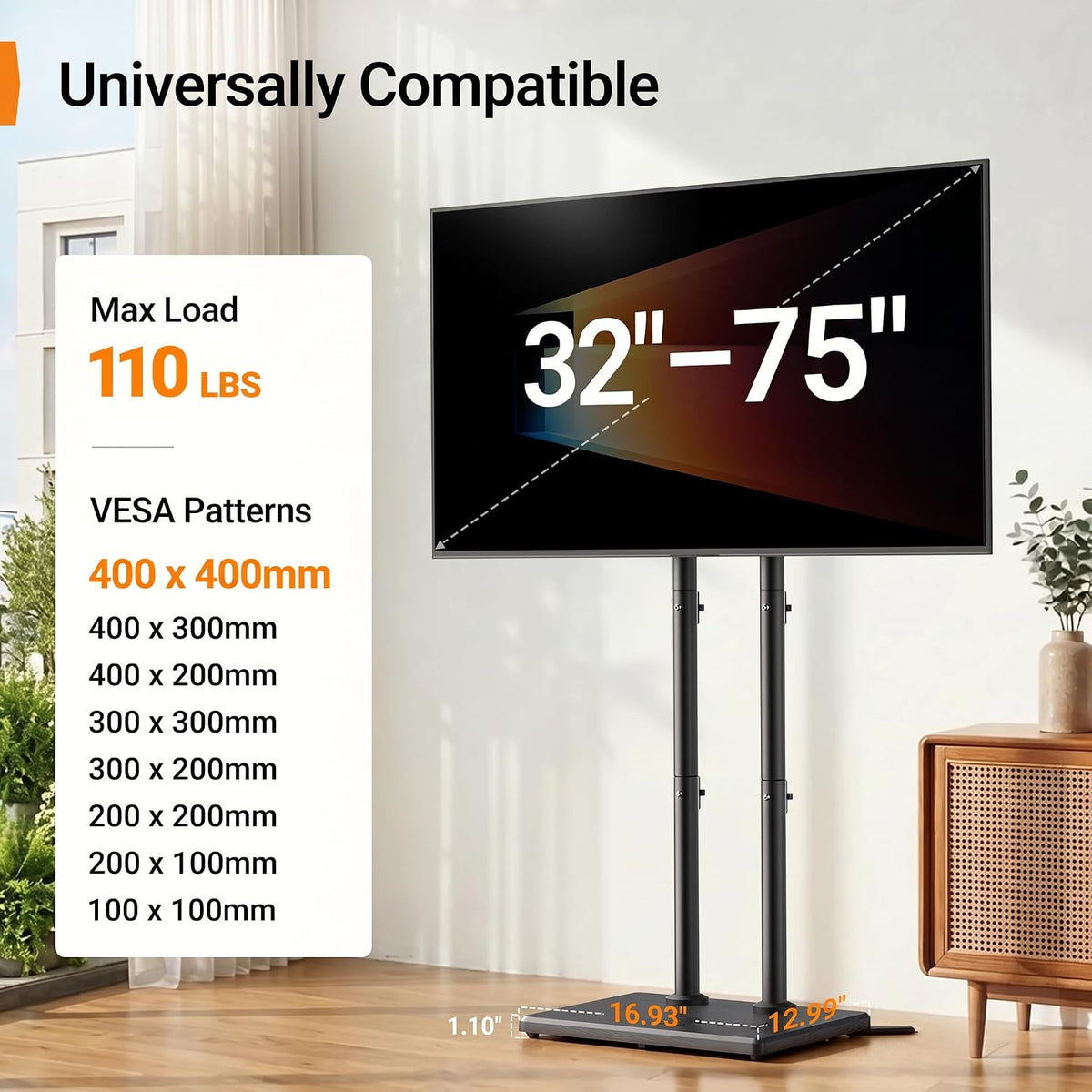 Perlegear Universal Floor TV Stand for 32–75" TVs up to 110 lbs, Height-Adjustable Tall TV Stand with Solid Wood Base & Extra-Stable Anti-Tip Feet, Swivel TV Mount for Bedroom, VESA 400x400, PGFLS34B