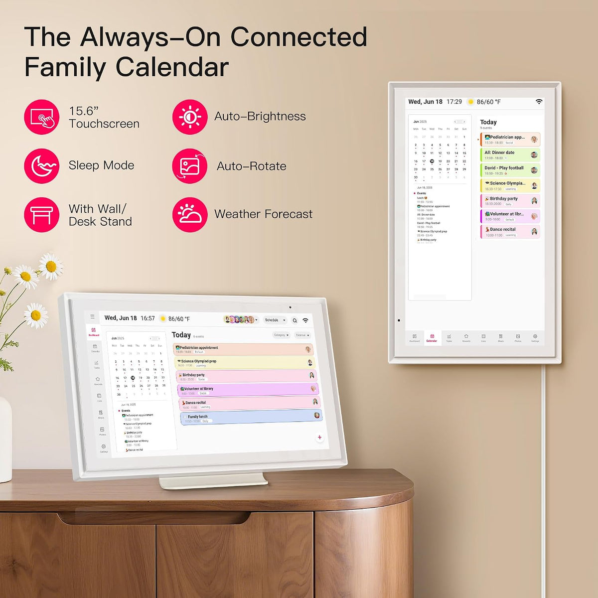 15.6" Family Digital Touchscreen Calendar for Chore & Meal Planning