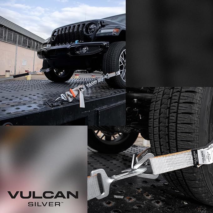 VULCAN Ultimate Axle Tie Down Kit - Silver Series Webbing - Includes (2) 22 Inch and (2) 36 Inch Axle Straps, (2) 96 Inch Snap Hook Ratchet Strap, and (2) 112 Inch Loop Tie Down Combinations