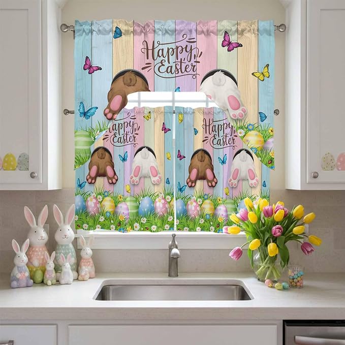 Swag Valance Curtains, Happy Easter Rabbit Butt Egg on Daisy Leaf Rod Pocket