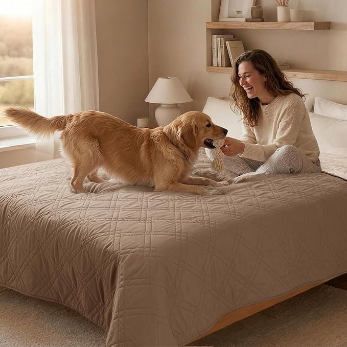 100% Waterproof Dog Couch Protector, Triple-Layer Waterproof Dog Bed Cover Pet Blanket Reversible 2-Tone Sofa Shield, Non-Slip Furniture Guard for Pets(82×92 Inch, Taupe+Apricot)